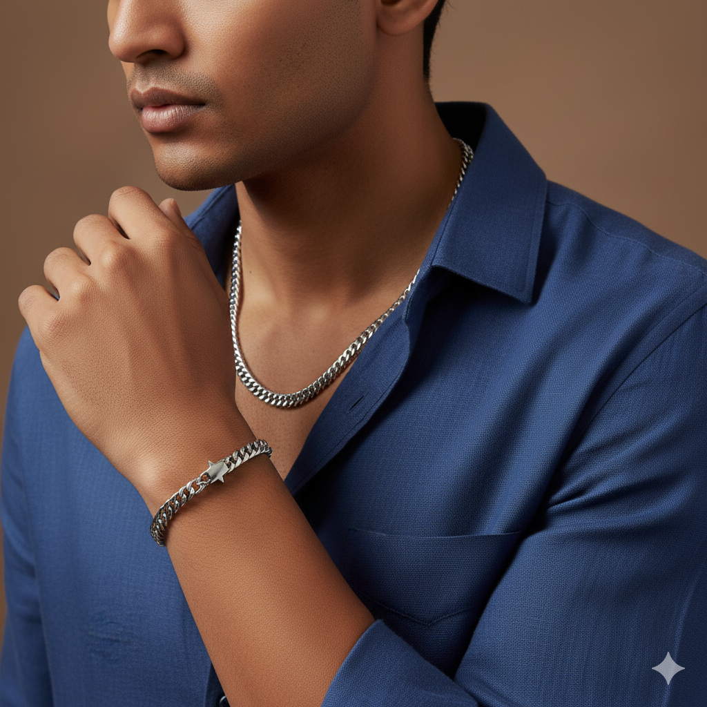 Twinned Necklace Bracelet Duo SET for MEN | REAL Steel - For Men | Includes: Necklace, Bracelet