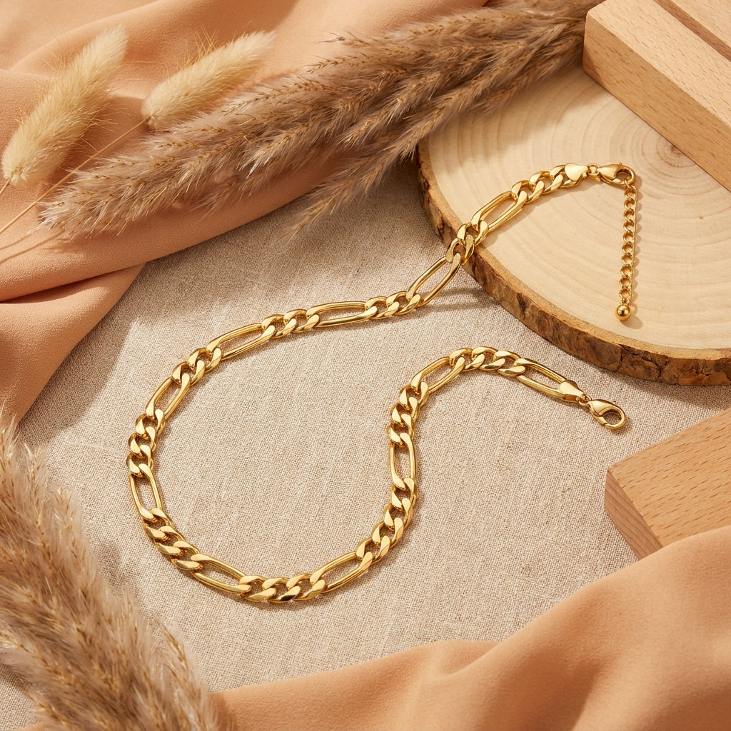 Golden Figaro Regular Steel Chain (9mm) | 18K PVD Gold Plated- For Men| Includes: Necklace