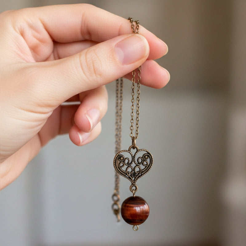 Dainty Bronze Heart Necklace | Red Tiger Eye - For Women | Includes: Necklace
