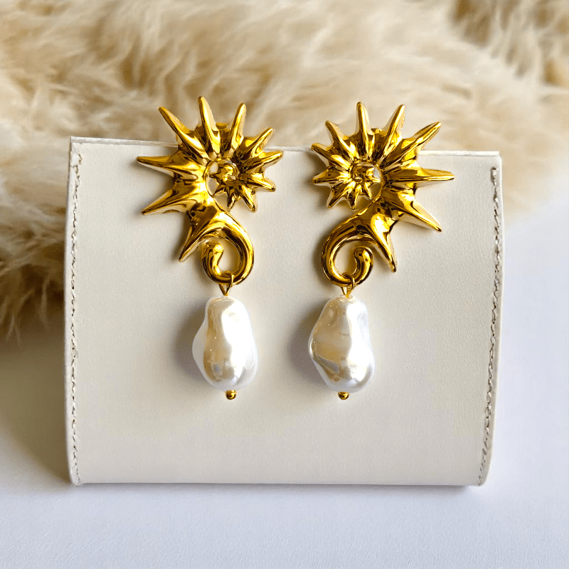 Ocean Pearl Earrings | Pearl, PVD 18K Gold Plated, Stainless Steel, Water Proof - For Women | Includes: Earrings