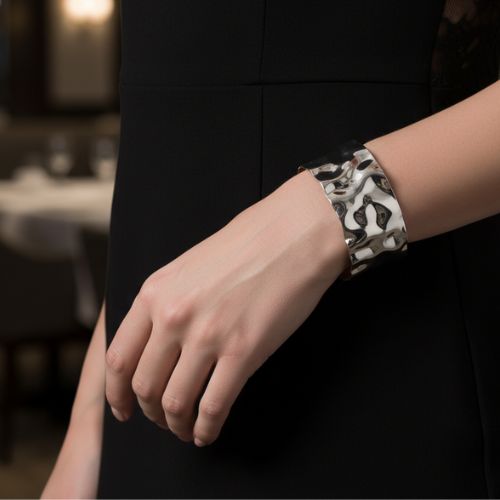 Hammered Cuff Bracelet | Silver PVD Plated - For Women | Includes: Bracelet