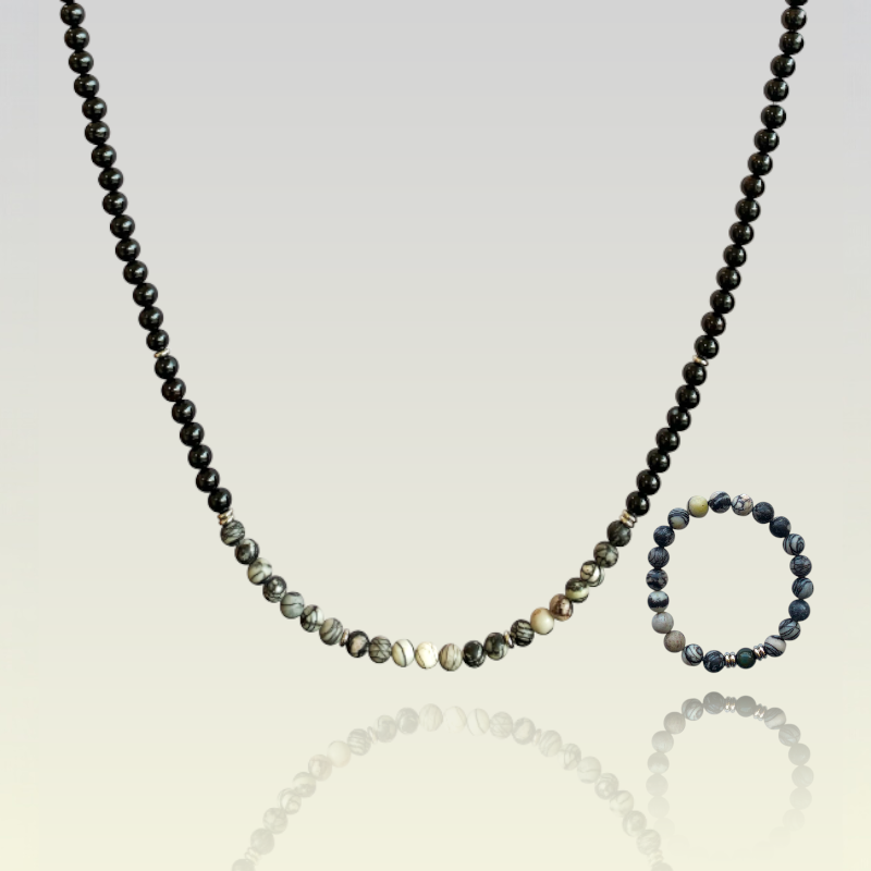 Webbed Black Jasper Set | Black Web Jasper - For Unisex | Includes: Necklace & Bracelet