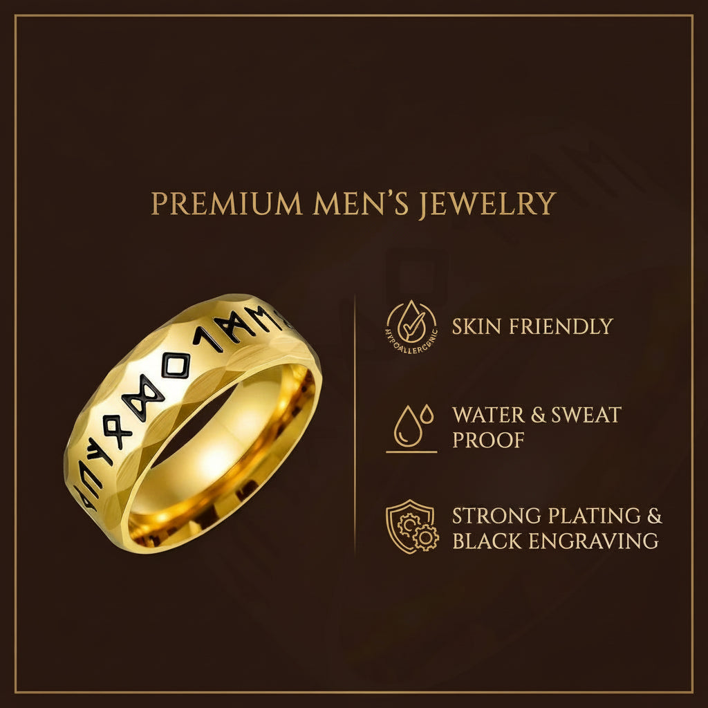 Viking Gothik Golden Ring | 18K Real Gold PVD Plated– For Men | Includes: Ring