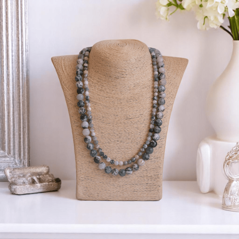 Double Layered Shadow Stone Necklace | Tree Agate Stone - For Women | Includes: Necklace (Set Of 2)