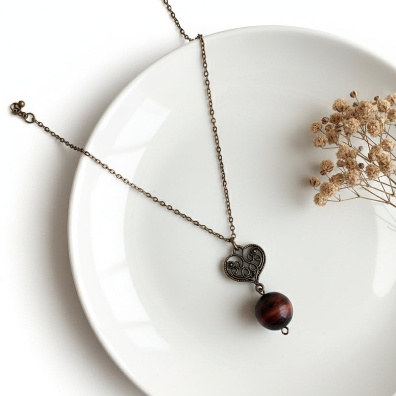 Dainty Bronze Heart Necklace | Red Tiger Eye - For Women | Includes: Necklace