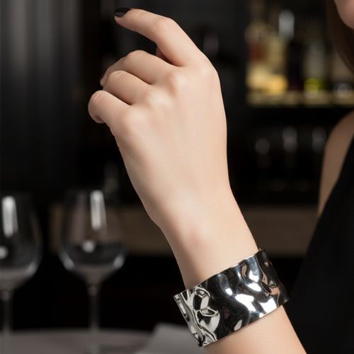 Hammered Cuff Bracelet | Silver PVD Plated - For Women | Includes: Bracelet