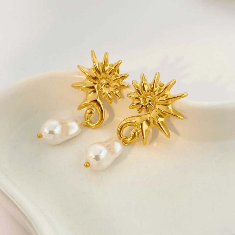 Ocean Pearl Earrings | Pearl, PVD 18K Gold Plated, Stainless Steel, Water Proof - For Women | Includes: Earrings