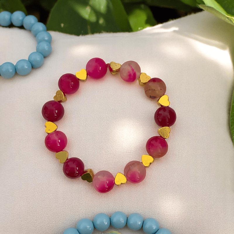 Little hearts Bracelet | Pink Agate Stone - For Kids | Includes: Bracelet