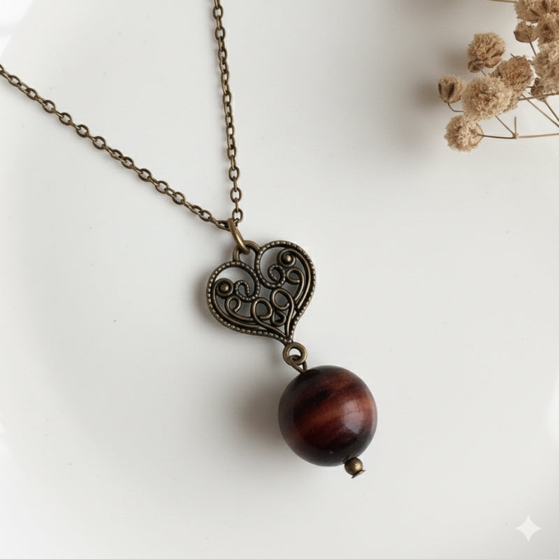 Dainty Bronze Heart Necklace | Red Tiger Eye - For Women | Includes: Necklace