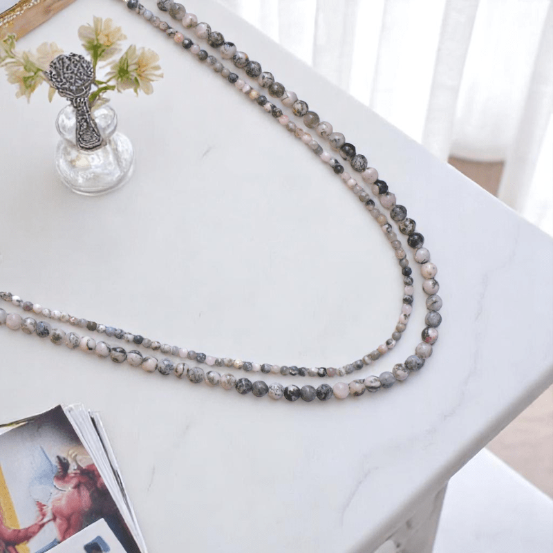 Double Layered Shadow Stone Necklace | Tree Agate Stone - For Women | Includes: Necklace (Set Of 2)