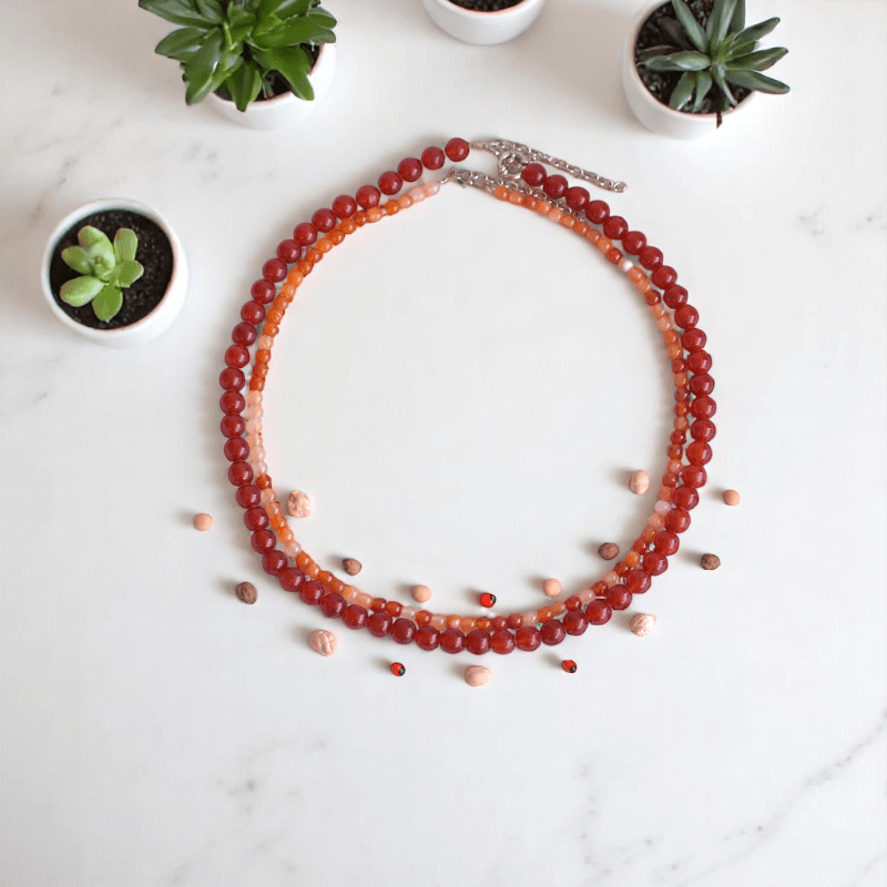 Double Layered Vibrant Onyx Carnelian Necklace | Onyx & Carnelian - For Women | Includes: Necklace (Set Of 2)