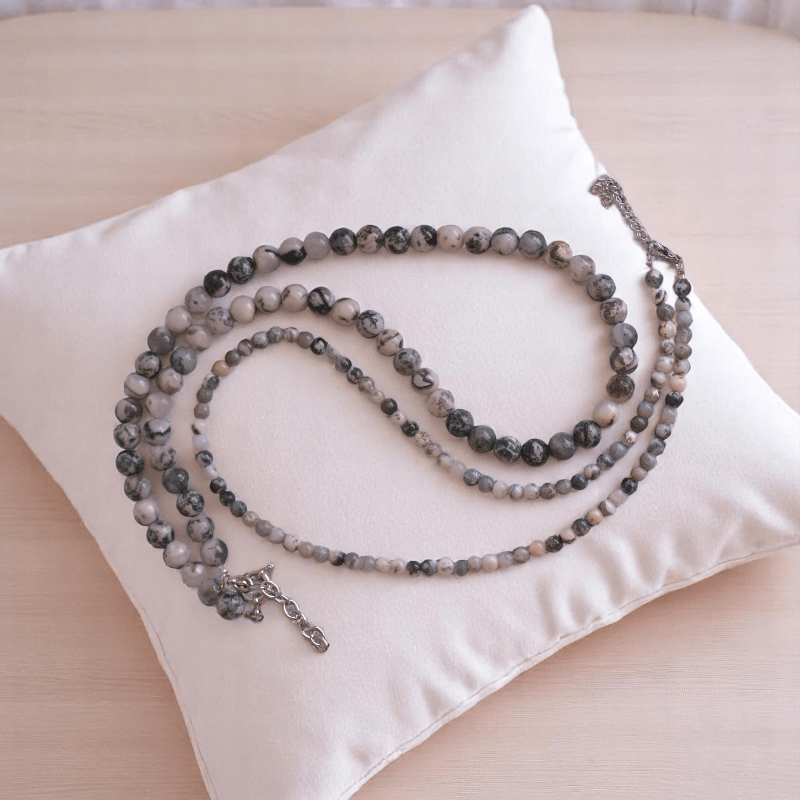 Double Layered Shadow Stone Necklace | Tree Agate Stone - For Women | Includes: Necklace (Set Of 2)