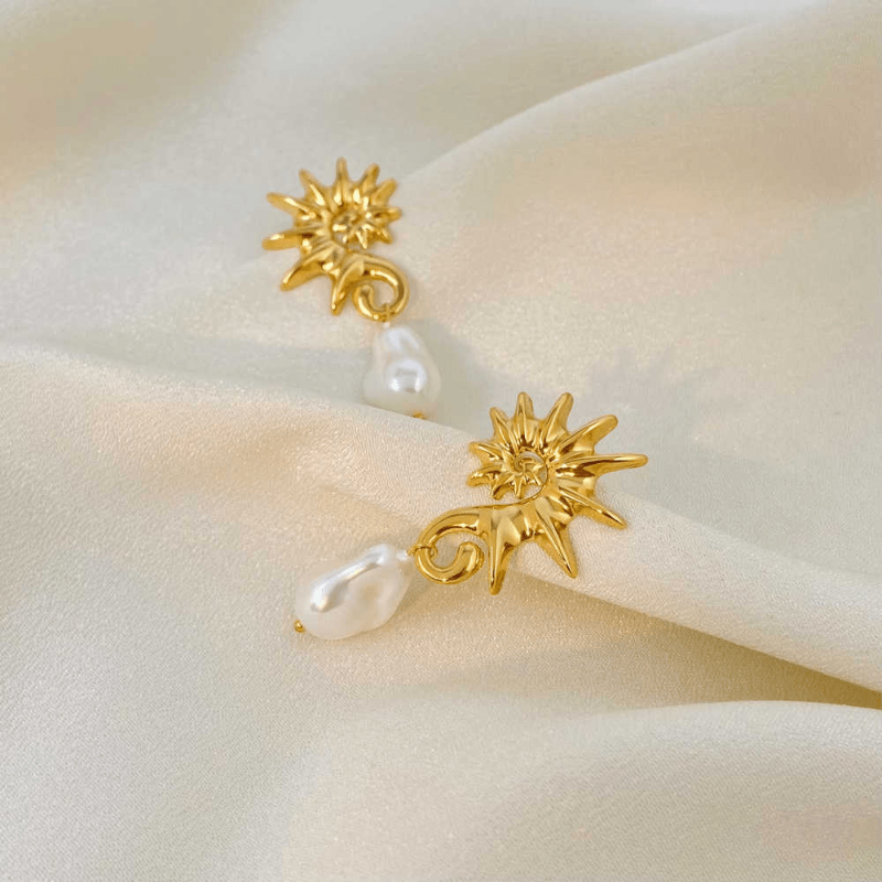 Ocean Pearl Earrings | Pearl, PVD 18K Gold Plated, Stainless Steel, Water Proof - For Women | Includes: Earrings