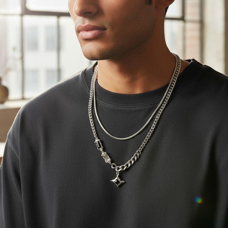 Obsidian Dual Layer Necklace | Premium Alloy- For Men| Includes: Necklace