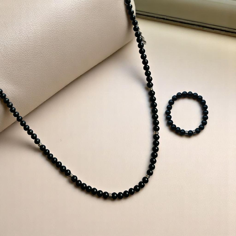 Shield Black Obsidian Set | Black Obsidian - For Unisex | Includes: Necklace & Bracelet