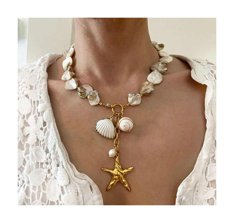 Organic Shell Necklace | PVD 18K Gold Plated, Stainless Steel, Water Proof - For Women | Includes: Necklace