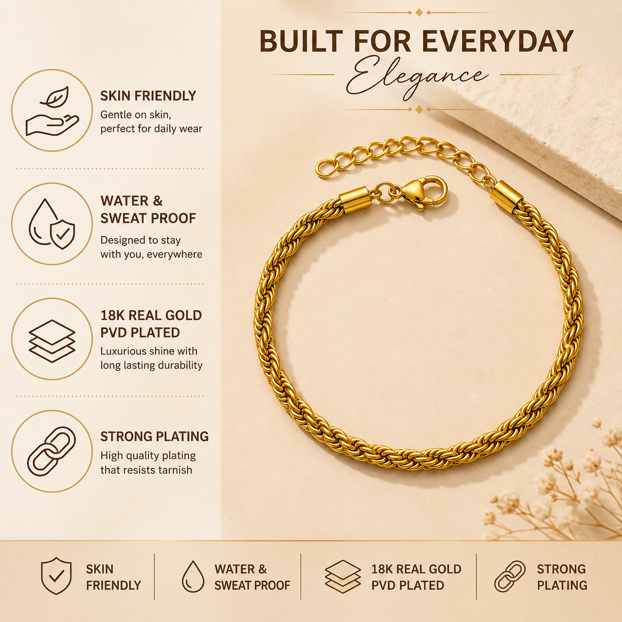 Golden Rope Flexi Size Steel Regular Bracelet (6MM) | 18K PVD Gold Plated- For Men | Includes: Bracelet