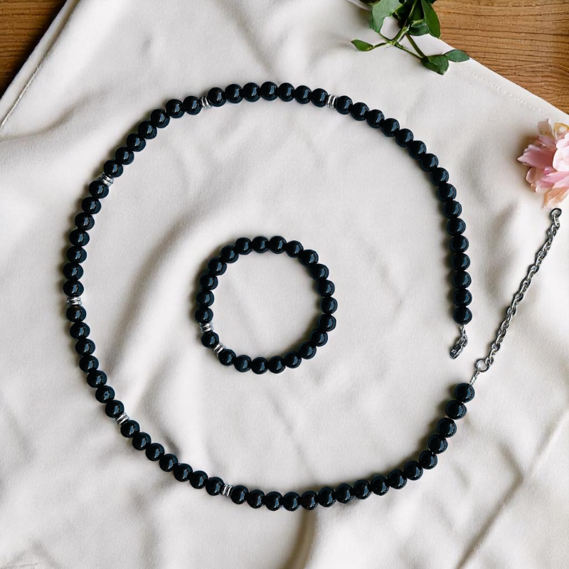 Shield Black Obsidian Set | Black Obsidian - For Unisex | Includes: Necklace & Bracelet