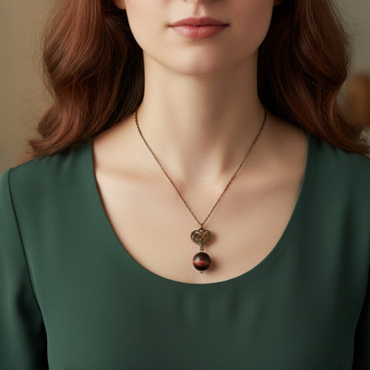 Dainty Bronze Heart Necklace | Red Tiger Eye - For Women | Includes: Necklace