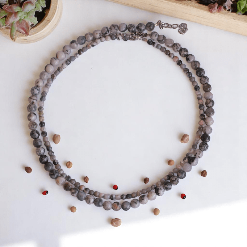 Double Layered Shadow Stone Necklace | Tree Agate Stone - For Women | Includes: Necklace (Set Of 2)