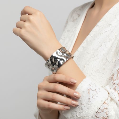 Hammered Cuff Bracelet | Silver PVD Plated - For Women | Includes: Bracelet