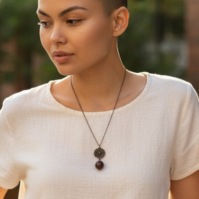Dainty Bronze Flower Necklace | Red Tiger Eye - For Women | Includes: Necklace