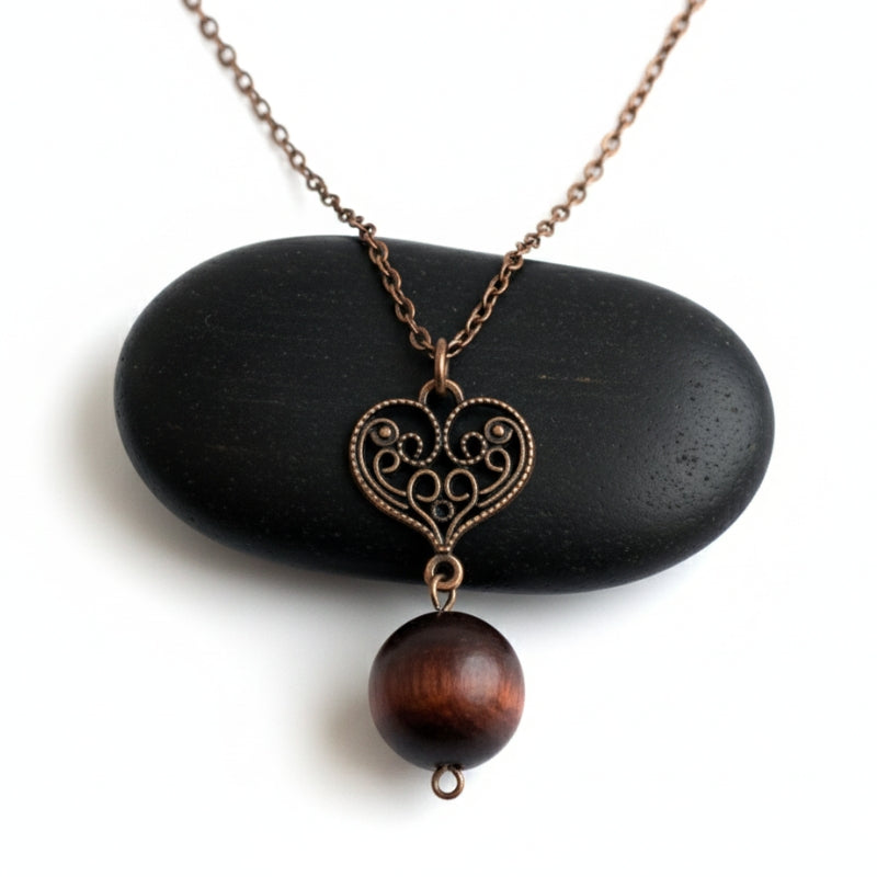 Dainty Bronze Heart Necklace | Red Tiger Eye - For Women | Includes: Necklace