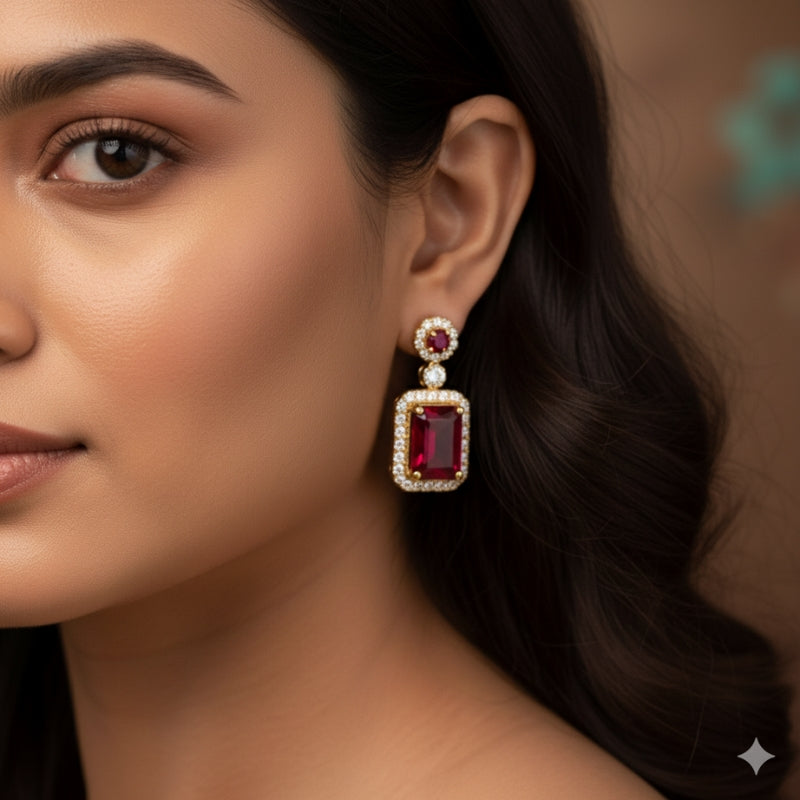 Bold Red Zircon Earring | 18K PVD Gold Plated - For Women | Includes: Earring