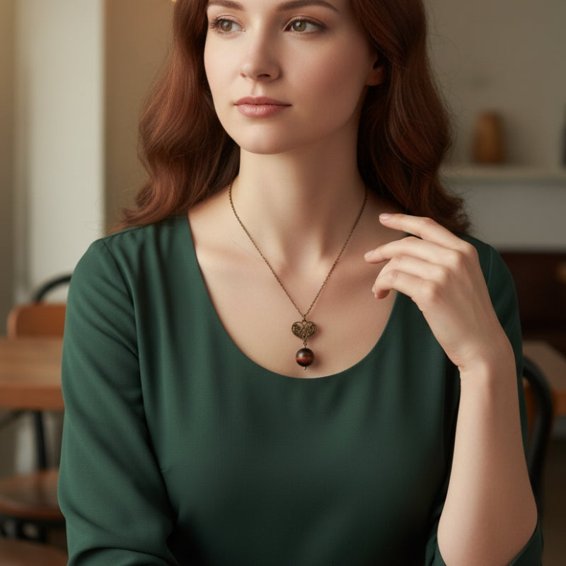 Dainty Bronze Heart Necklace | Red Tiger Eye - For Women | Includes: Necklace