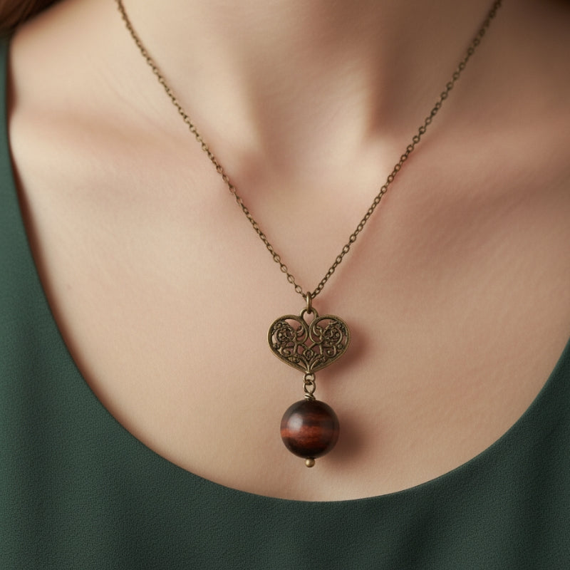 Dainty Bronze Heart Necklace | Red Tiger Eye - For Women | Includes: Necklace