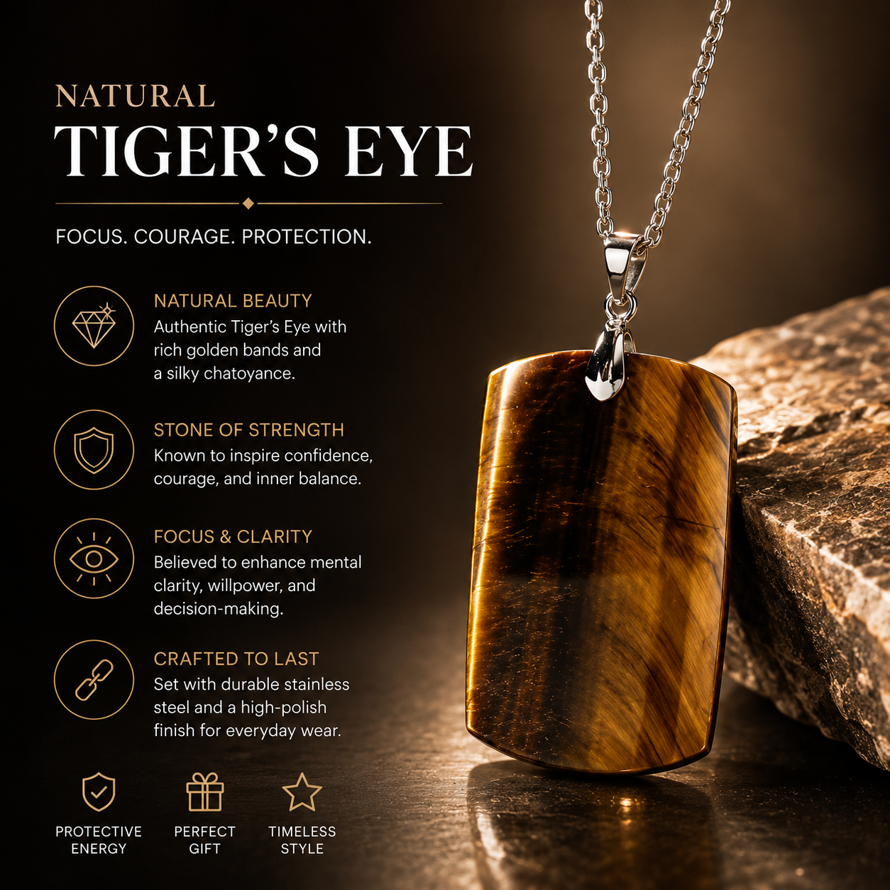 Tiger Eye REAL Stone Men's Necklace | Stainless Steel - For Men| Includes: Necklace