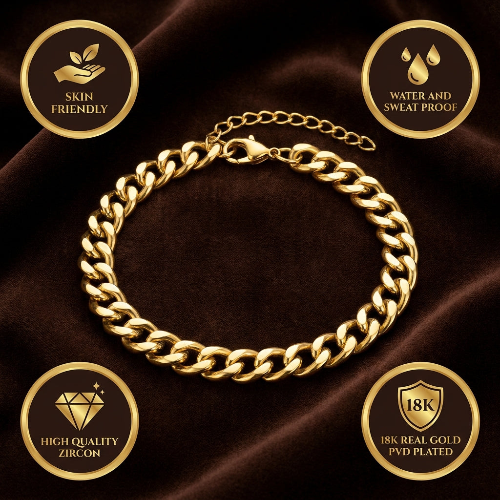 Golden Lean-Link Flexi Size Steel THIN Bracelet (5MM) | 18K PVD Gold Plated- For Men | Includes: Bracelet