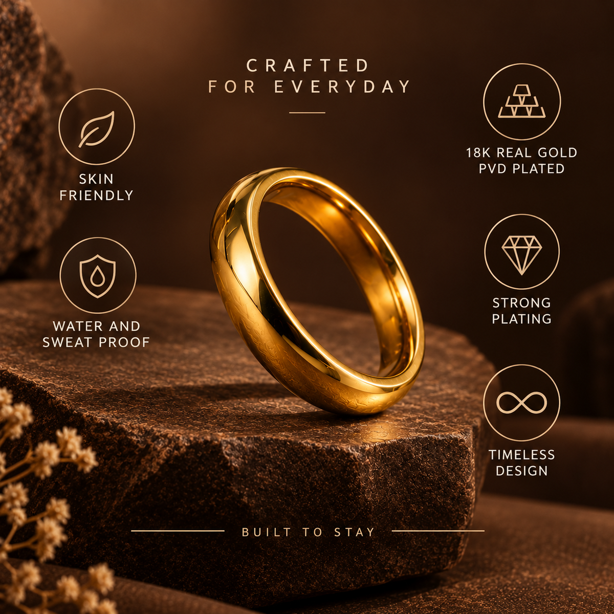 Everyday Ring with REAL GOLD Finish (4mm) | 18K PVD Gold Plated– For Men | Includes: Ring