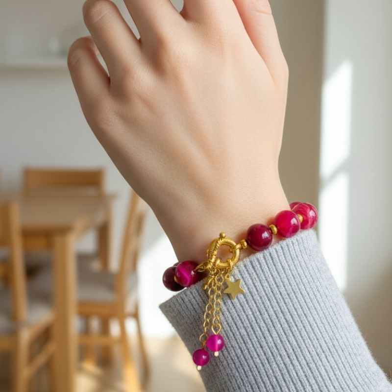 Blushy beads Bracelet | Pink Banded Agate Stone & 18k Gold Plated - For Women | Includes: Bracelet