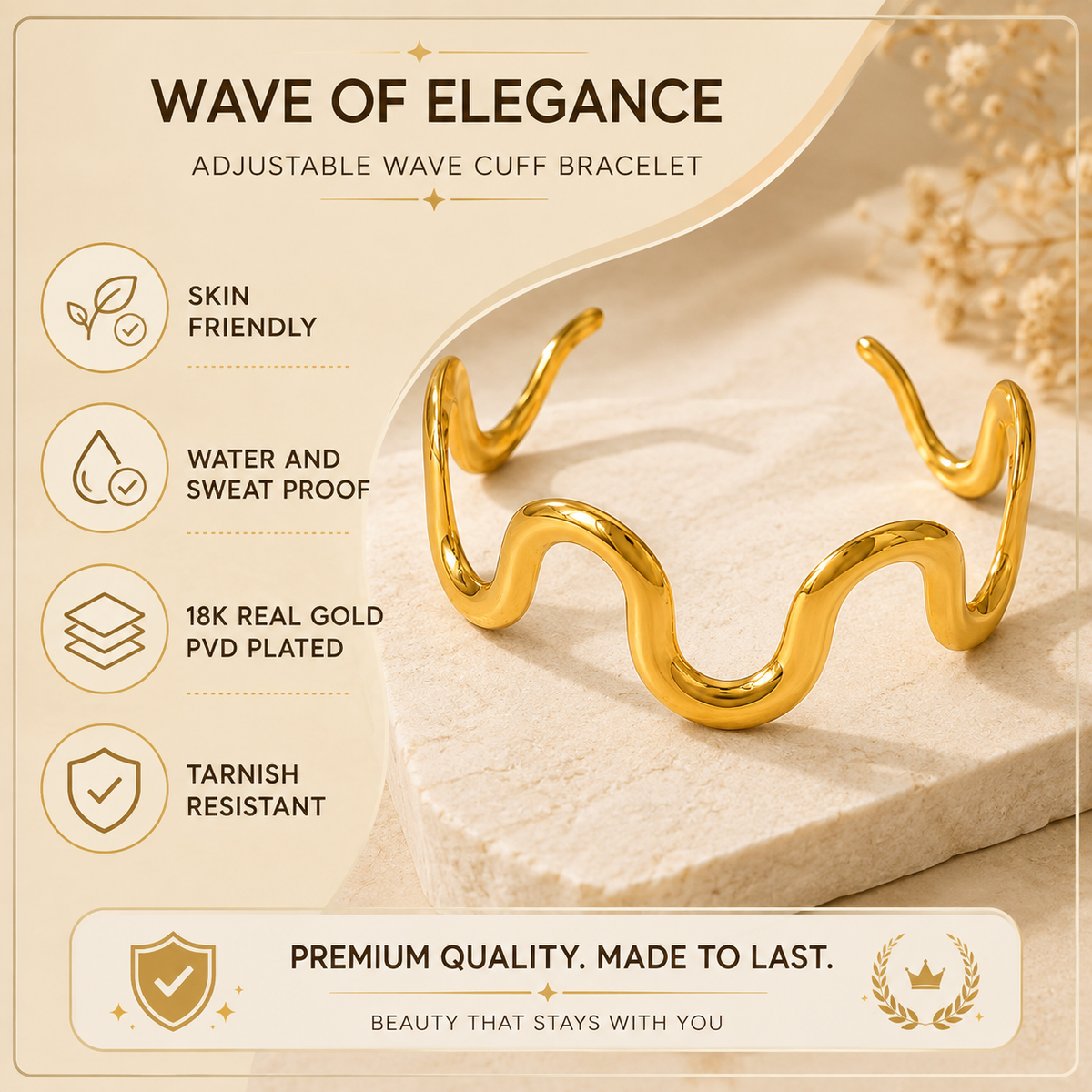Artisan Golden Cuff | PVD 18K Gold Plated, Stainless Steel, Water Proof - For Women | Includes: Bracelet