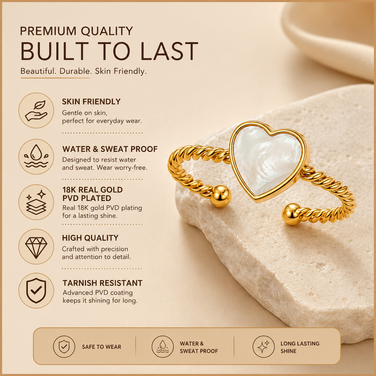 Natural Sheel Heart-Rope Flexi Size Ring | 18K PVD Gold Plated- For Women | Includes: Ring