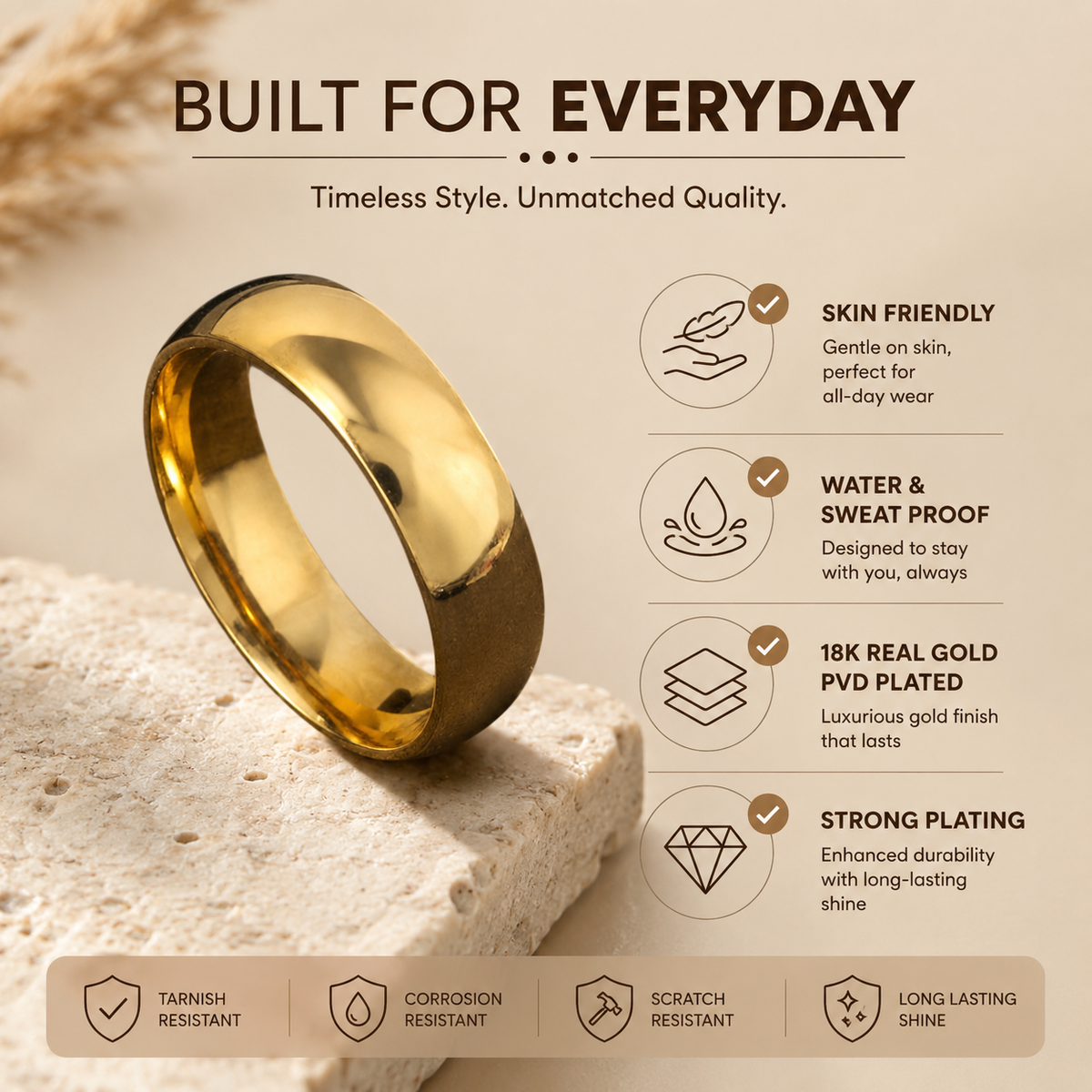 Everyday Ring with REAL GOLD Wide Finish | 18K PVD Gold Plated– For Women l Includes: Ring