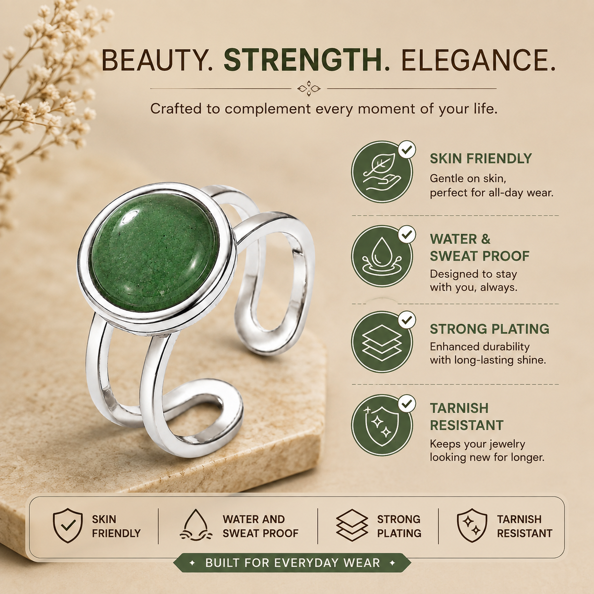 Adjustable Ring with Green Aventurine Stone| Silver Plated -For Women | Includes: Ring