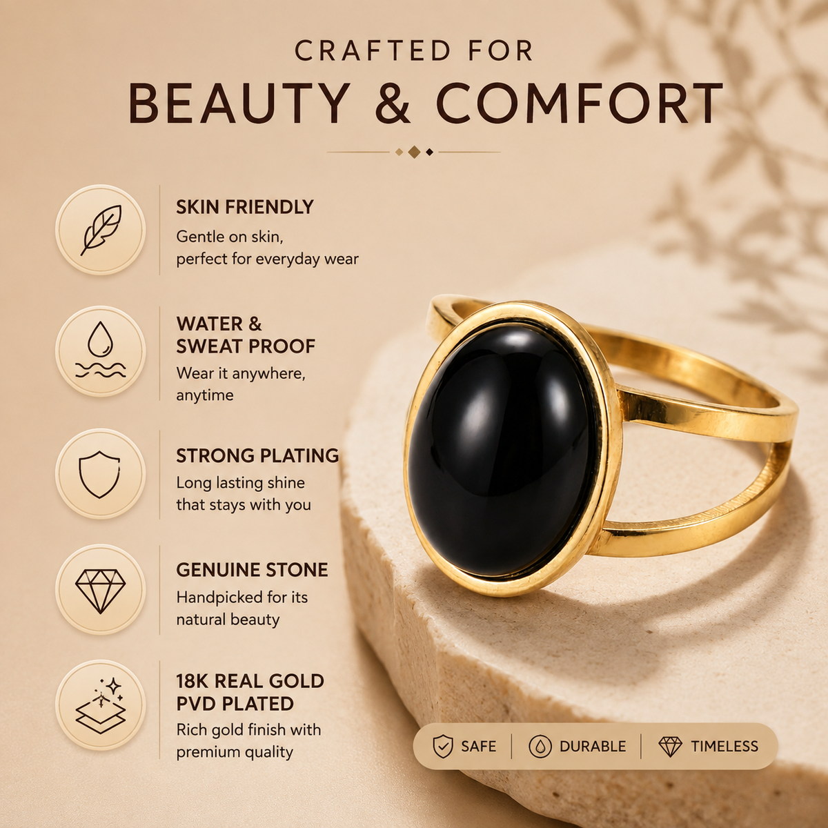 Black Onyx Stone Golden Dual Band Oval Ring | 18K Real Gold PVD Plated– For Women | Includes: Ring