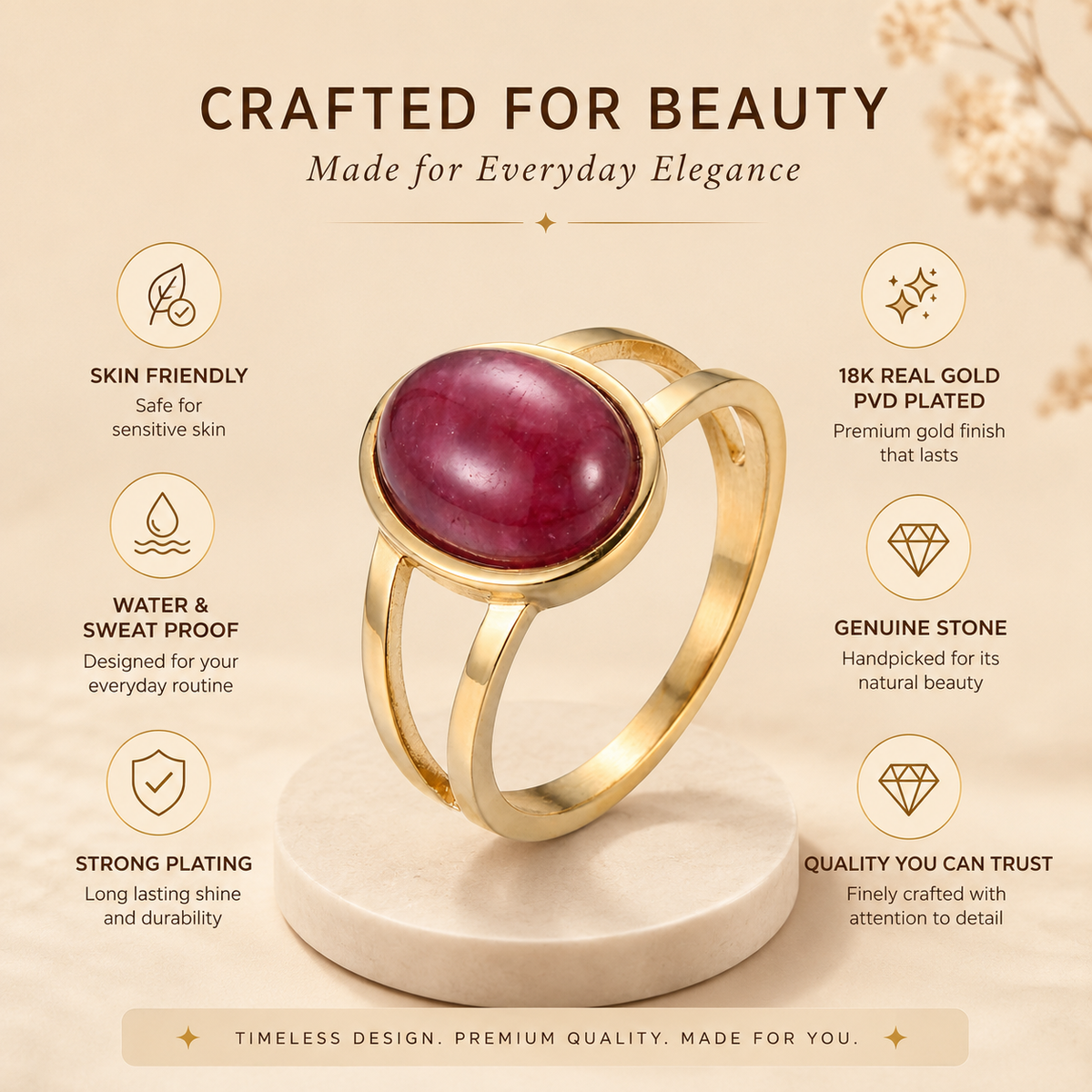 Pink Aventurine Stone Golden Dual Band Oval Ring | 18K Real Gold PVD Plated– For Women | Includes: Ring