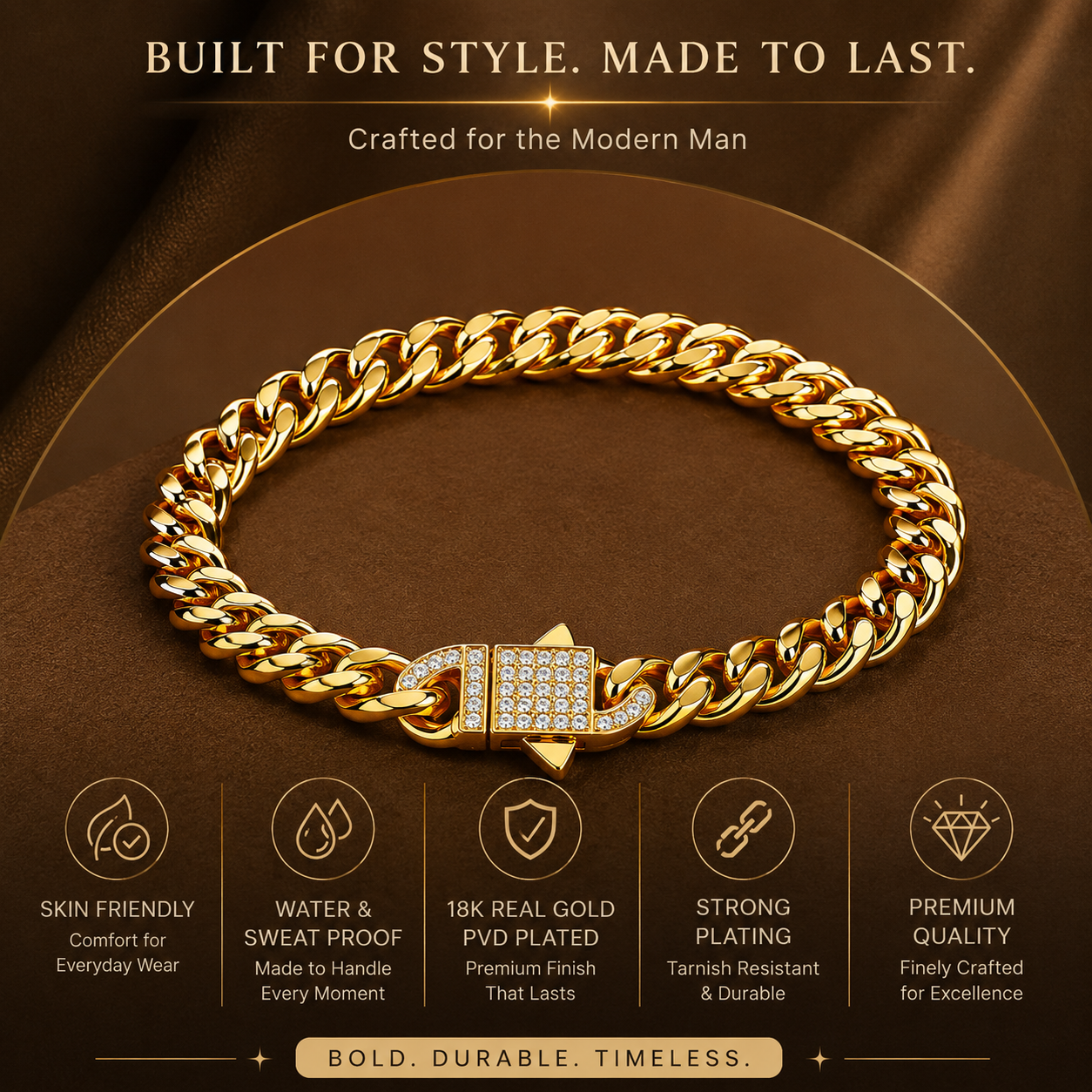Designer Modern Real Golden Zircon clasp Standard 8MM STANDARD Bracelet | 18K PVD Gold Plated- For Men | Includes: Bracelet