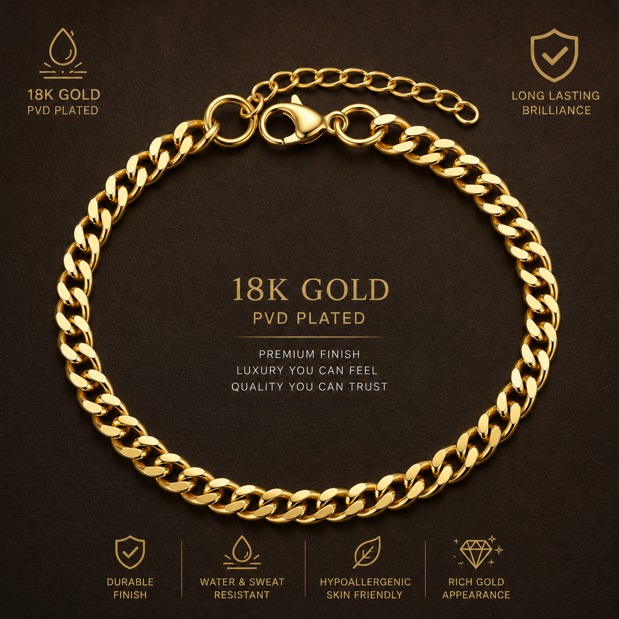 Golden Lean-Link Flexi Size Steel THIN Bracelet (5MM) | 18K PVD Gold Plated- For Men | Includes: Bracelet