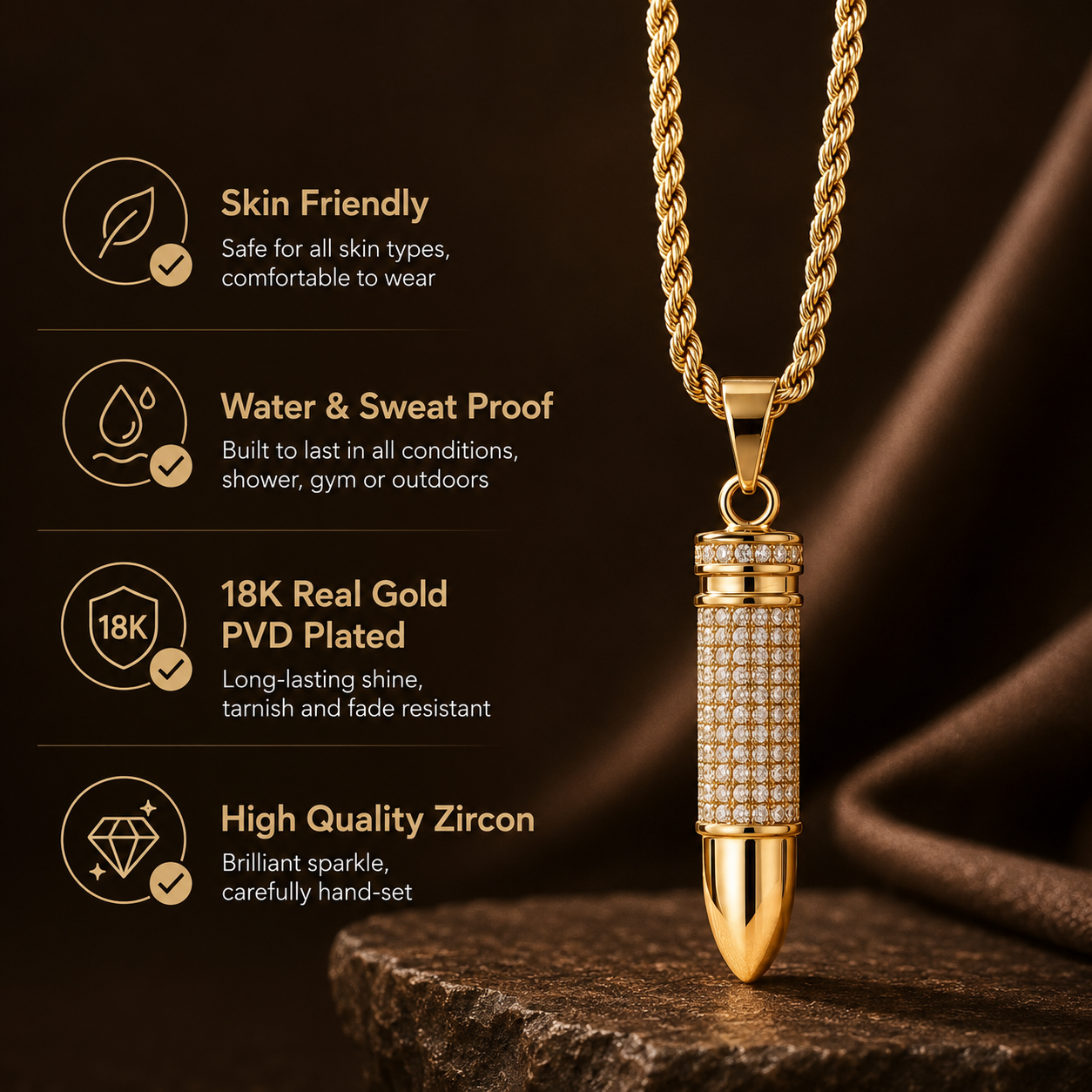 Ultra Posh Bullet Zircon Golden Necklace | 18K PVD REAL Gold Plated- For Men| Includes: Necklace