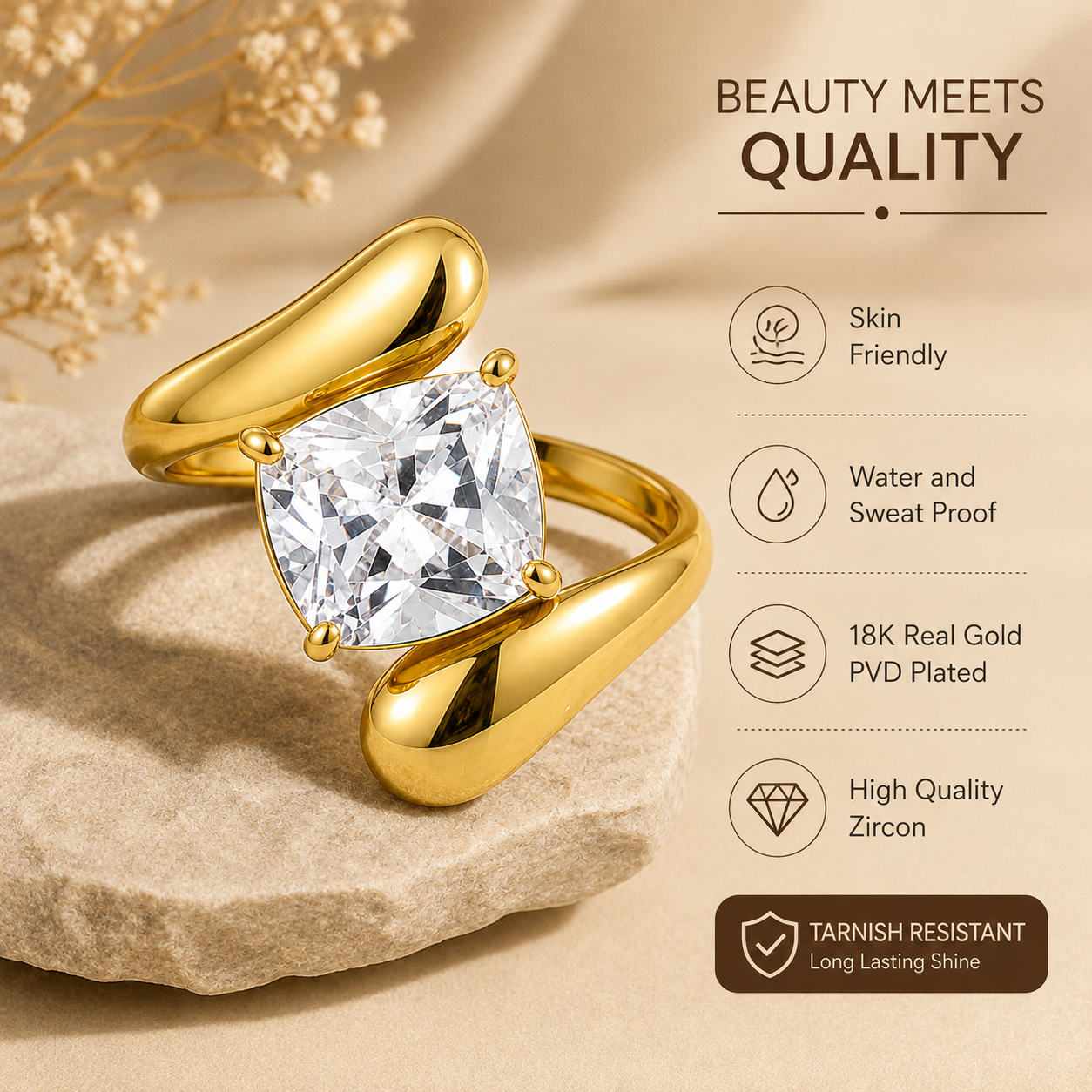 Modern Wavy Solitaire Zircon Golden Flexi Size Ring | 18K PVD Gold Plated- For Women | Includes: Ring