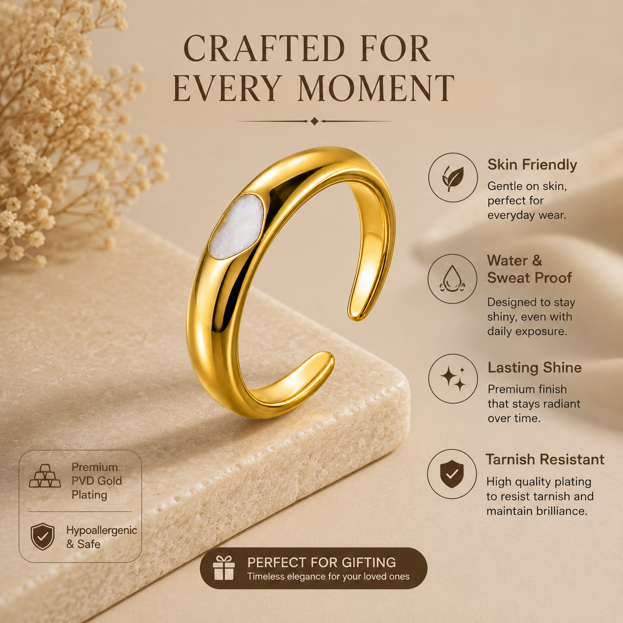 Ultra modern inlaid White Heart Flexi Size Ring | 18K PVD Gold Plated- For Women | Includes: Ring
