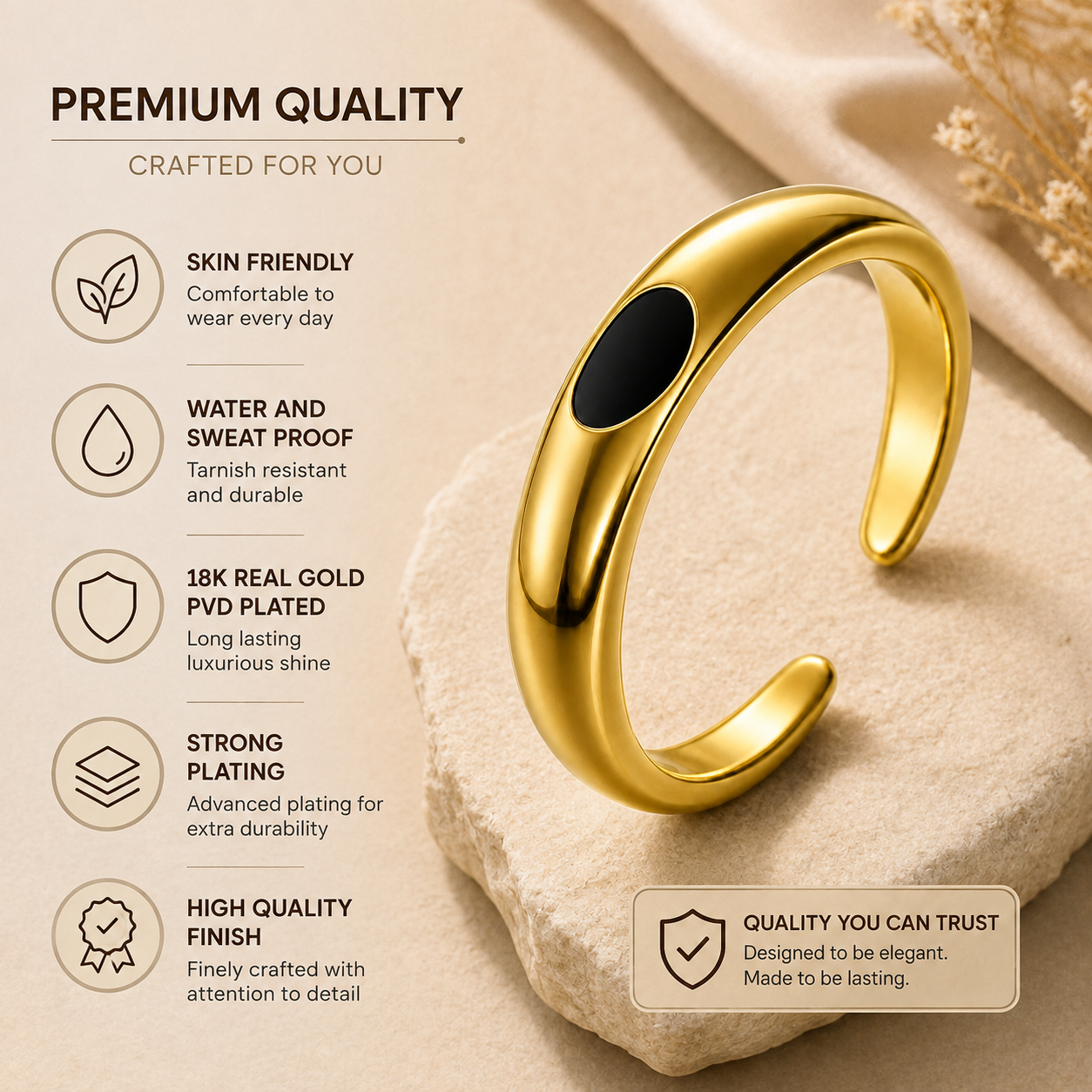 Ultra modern inlaid Black Heart Flexi Size Ring | 18K PVD Gold Plated- For Women | Includes: Ring
