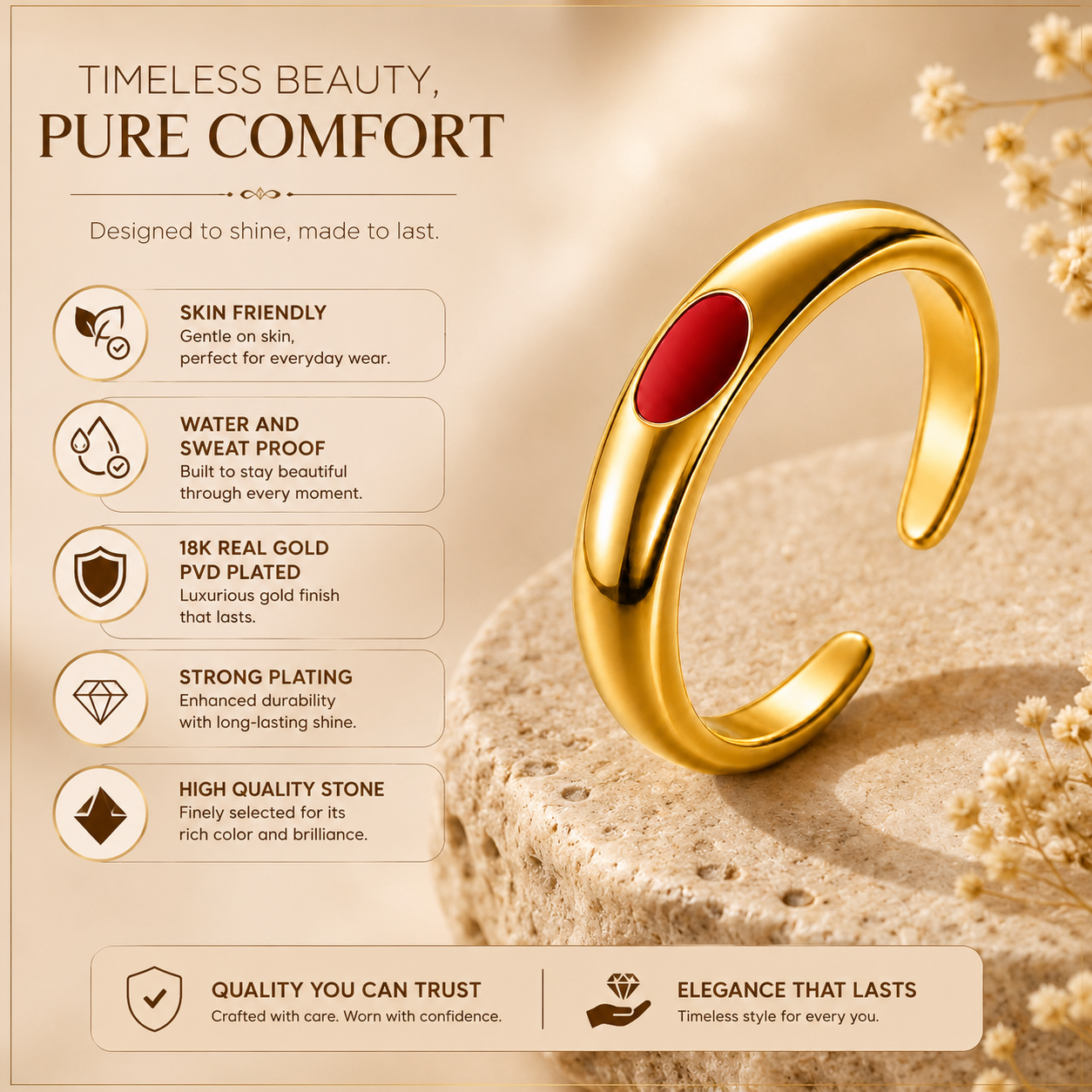 Ultra modern inlaid Red Heart Flexi Size Ring | 18K PVD Gold Plated- For Women | Includes: Ring