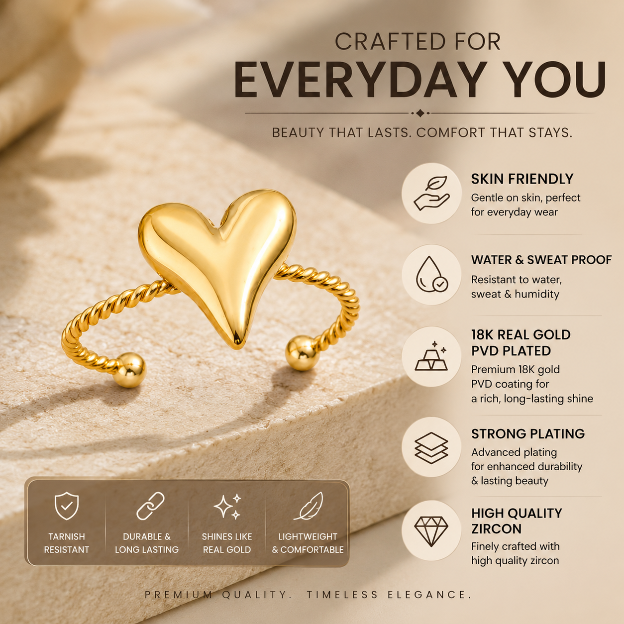 Golden Heart-Rope Flexi Size Ring | 18K PVD Gold Plated- For Women | Includes: Ring