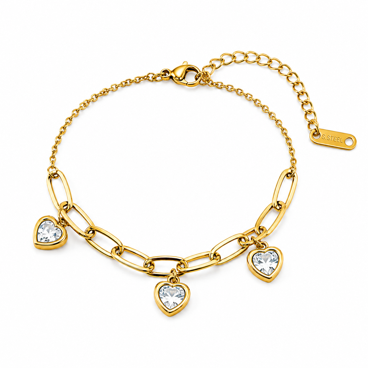 Devotion Clear TRIPLE HEART CHARM Bracelet | Gold-Tone - For Women | Includes: Bracelet