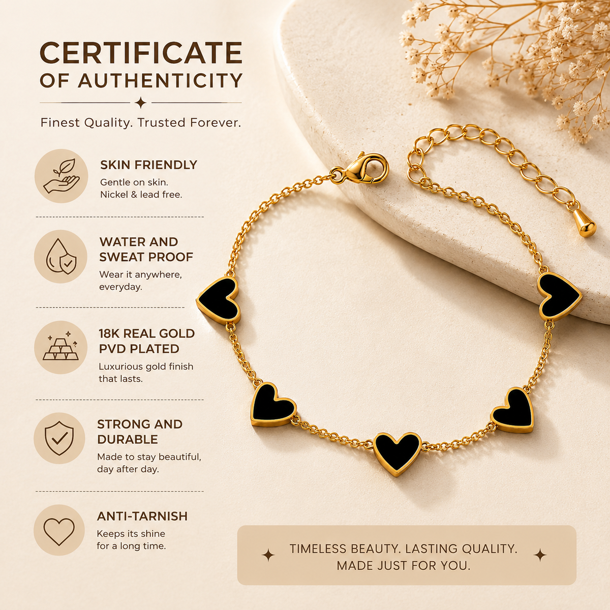 Midnight Black FIVE HEART Bracelet | Gold-Tone - For Women | Includes: Bracelet
